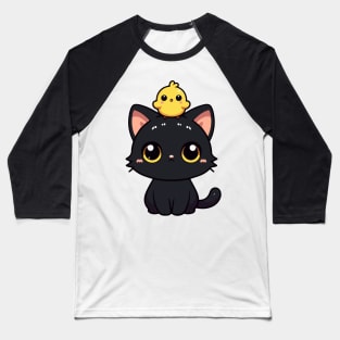 Cute Black Cat And Yellow Bird Baseball T-Shirt